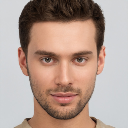 Neutral white young-adult male with short  brown hair and brown eyes