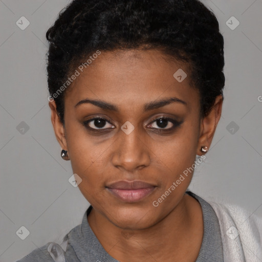 Neutral black young-adult female with short  black hair and brown eyes