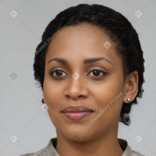 Joyful latino young-adult female with short  black hair and brown eyes