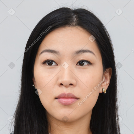 Neutral asian young-adult female with long  black hair and brown eyes