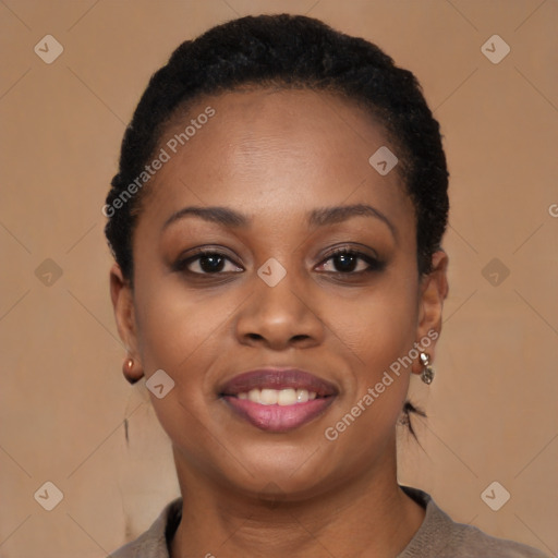 Joyful black young-adult female with short  black hair and brown eyes