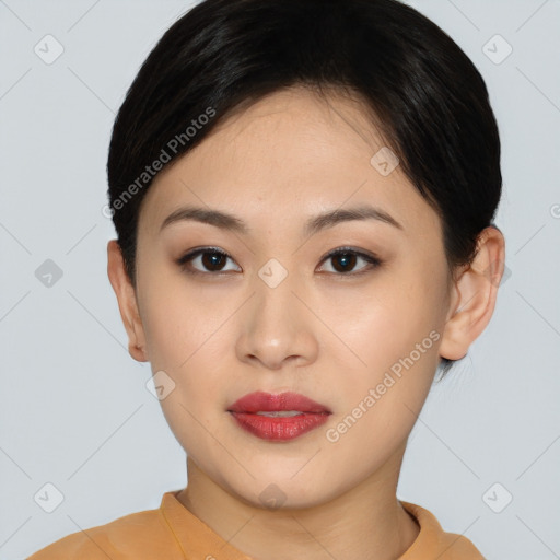 Neutral asian young-adult female with short  brown hair and brown eyes