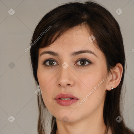 Neutral white young-adult female with medium  brown hair and brown eyes