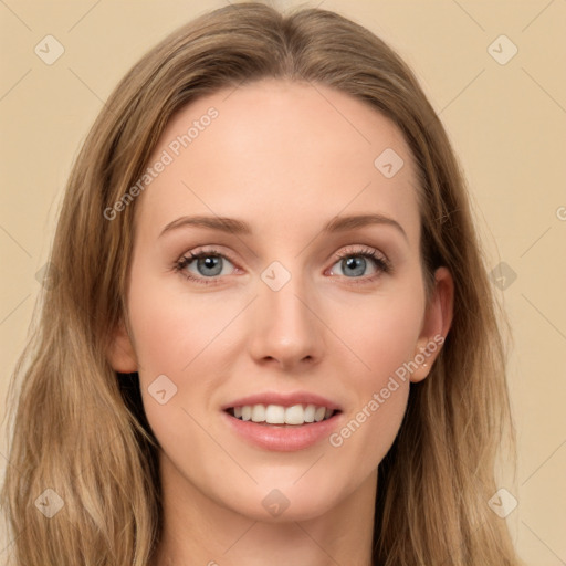 Joyful white young-adult female with long  brown hair and green eyes