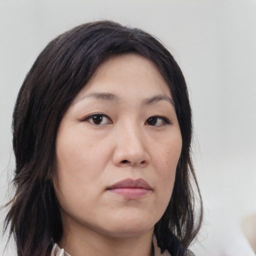 Neutral asian young-adult female with medium  brown hair and brown eyes