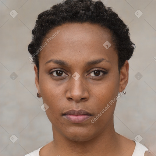 Neutral black young-adult female with short  black hair and brown eyes