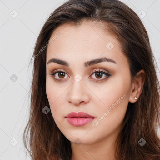 Neutral white young-adult female with long  brown hair and brown eyes