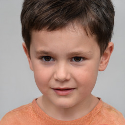 Joyful white child male with short  brown hair and grey eyes