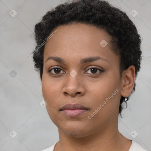 Neutral latino young-adult female with short  black hair and brown eyes