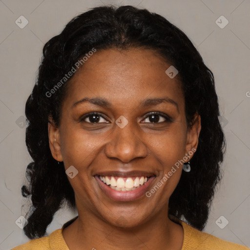 Joyful black young-adult female with medium  black hair and brown eyes