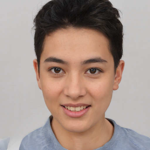 Joyful asian young-adult female with short  brown hair and brown eyes