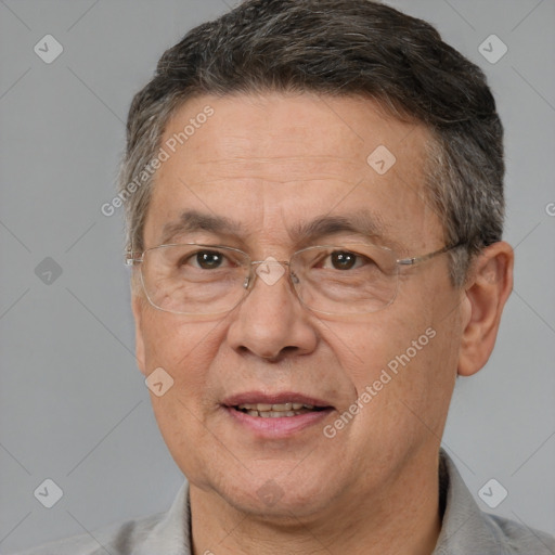 Joyful white middle-aged male with short  brown hair and brown eyes