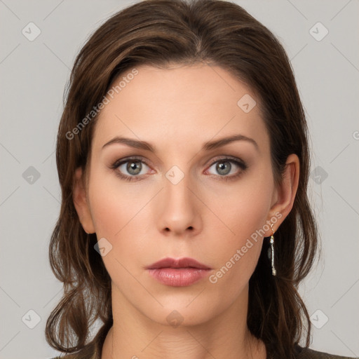 Neutral white young-adult female with long  brown hair and grey eyes