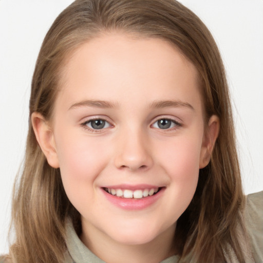 Joyful white child female with long  brown hair and grey eyes