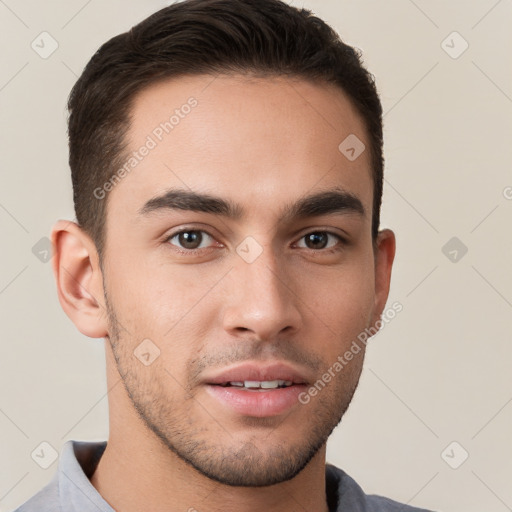 Neutral white young-adult male with short  brown hair and brown eyes