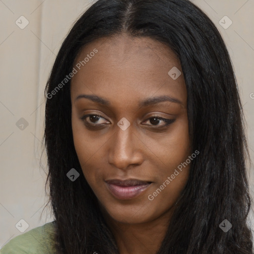 Joyful asian young-adult female with long  black hair and brown eyes