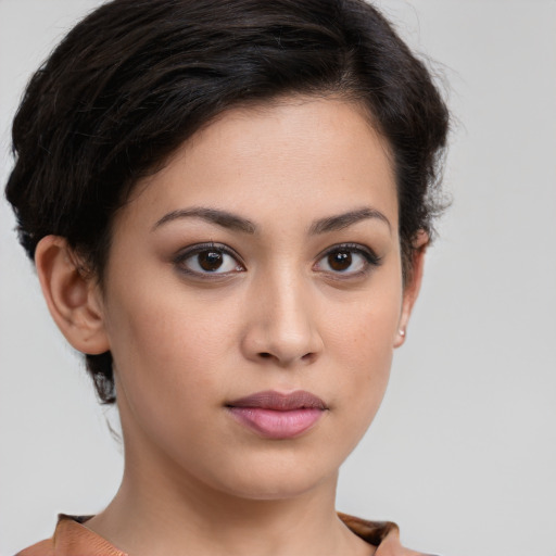 Neutral white young-adult female with short  brown hair and brown eyes