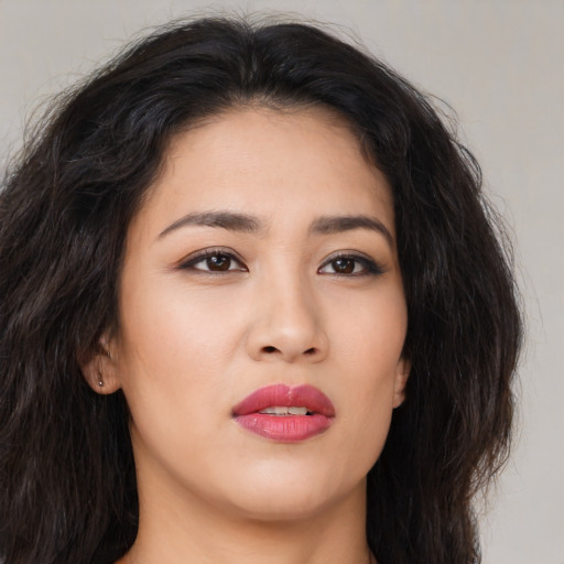 Neutral asian young-adult female with long  brown hair and brown eyes