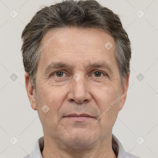 Joyful white middle-aged male with short  brown hair and brown eyes