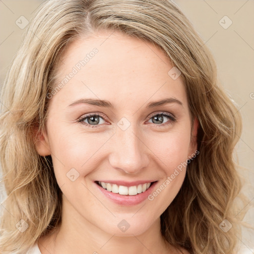 Joyful white young-adult female with long  brown hair and blue eyes