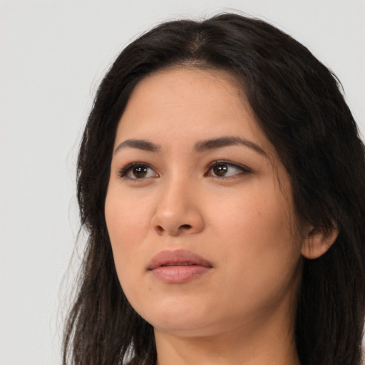 Neutral asian young-adult female with long  black hair and brown eyes
