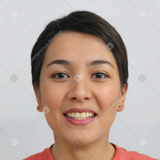 Joyful white young-adult female with short  brown hair and brown eyes