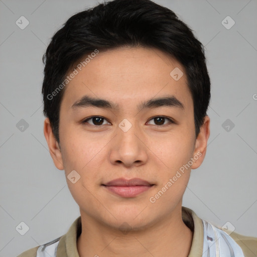 Neutral asian young-adult male with short  black hair and brown eyes