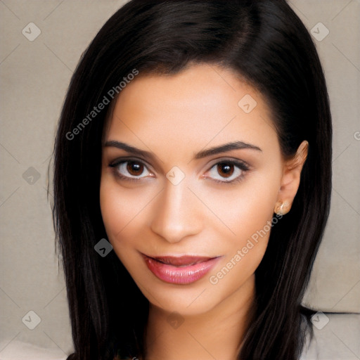 Joyful latino young-adult female with long  black hair and brown eyes