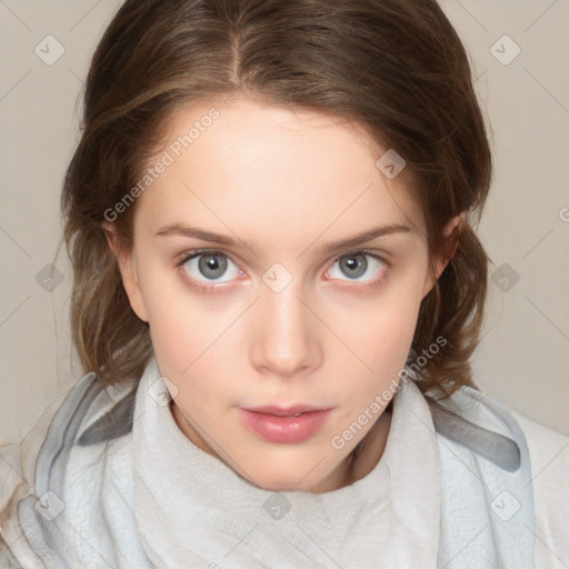 Neutral white child female with medium  brown hair and blue eyes