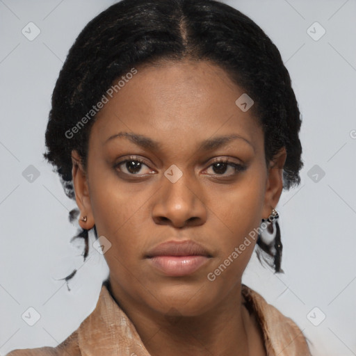 Neutral black young-adult female with short  black hair and brown eyes