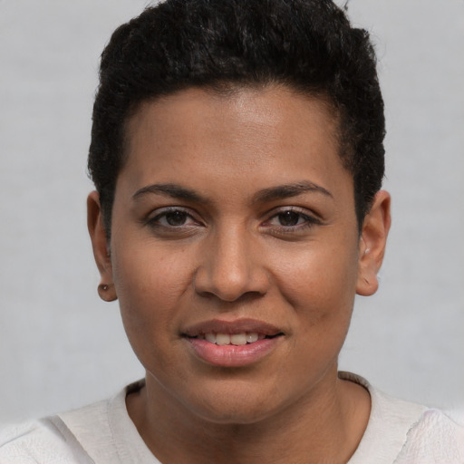 Joyful white young-adult female with short  brown hair and brown eyes