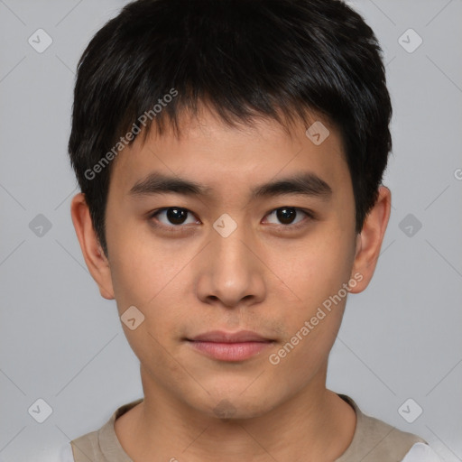 Neutral asian young-adult male with short  brown hair and brown eyes