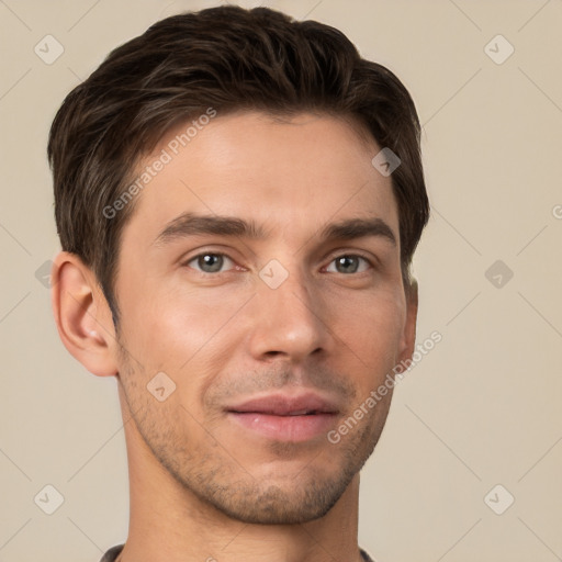 Neutral white young-adult male with short  brown hair and brown eyes