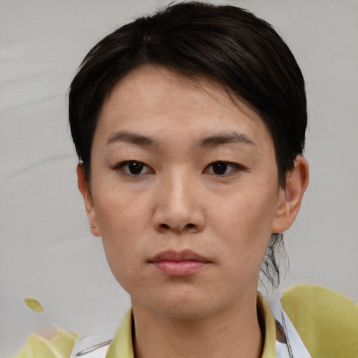 Neutral asian young-adult female with short  brown hair and brown eyes