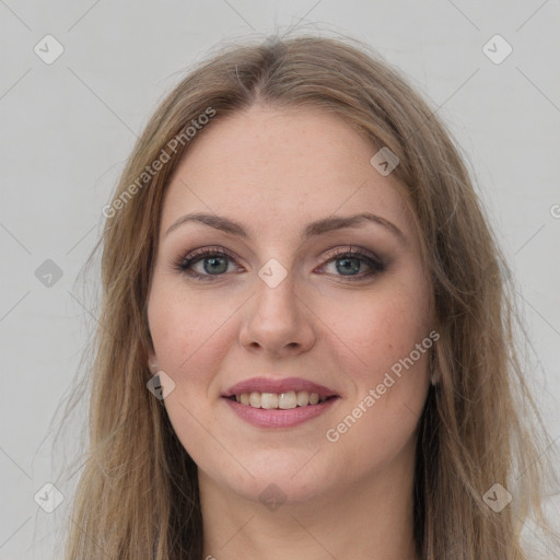 Joyful white young-adult female with long  brown hair and grey eyes