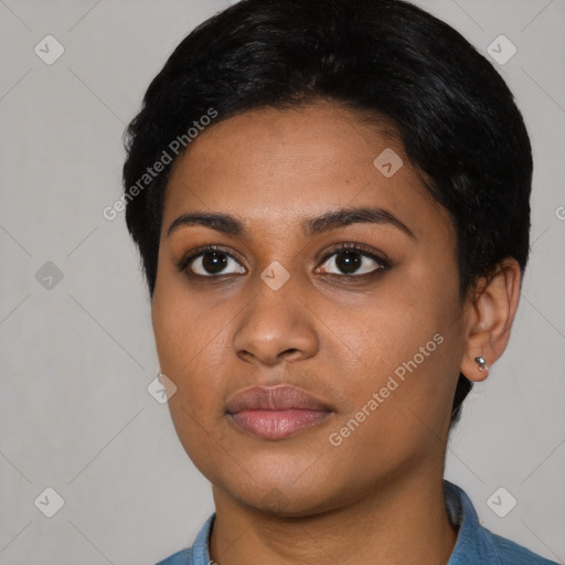 Neutral black young-adult female with short  black hair and brown eyes