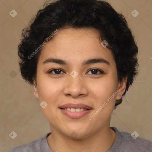 Joyful latino young-adult female with short  brown hair and brown eyes