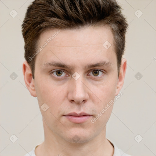 Neutral white young-adult male with short  brown hair and grey eyes