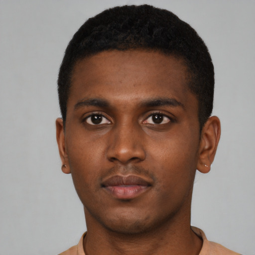Neutral black young-adult male with short  black hair and brown eyes