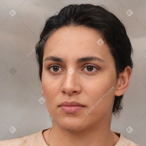 Neutral white young-adult female with medium  brown hair and brown eyes