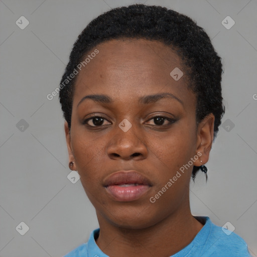 Neutral black young-adult female with short  black hair and brown eyes