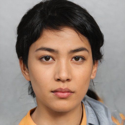 Neutral asian young-adult female with medium  black hair and brown eyes