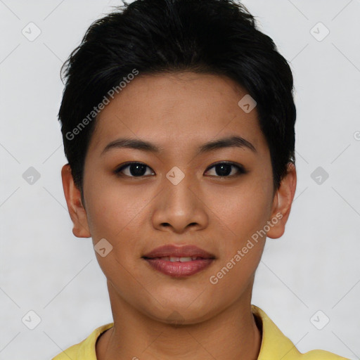 Joyful asian young-adult female with short  black hair and brown eyes