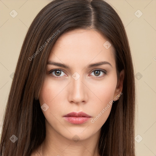 Neutral white young-adult female with long  brown hair and brown eyes