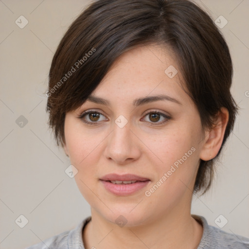 Joyful white young-adult female with medium  brown hair and brown eyes