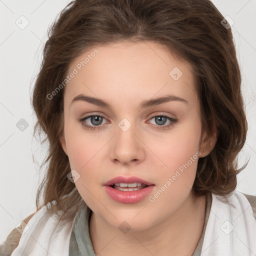 Joyful white young-adult female with medium  brown hair and green eyes