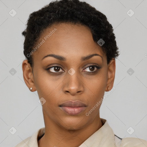 Neutral latino young-adult female with short  brown hair and brown eyes