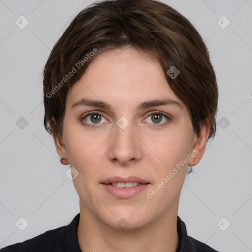 Neutral white young-adult female with short  brown hair and brown eyes