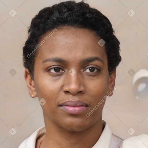 Neutral black young-adult female with short  brown hair and brown eyes