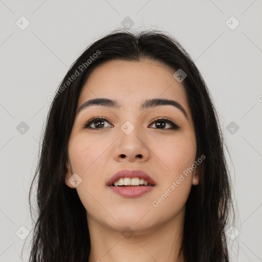 Neutral asian young-adult female with long  black hair and brown eyes